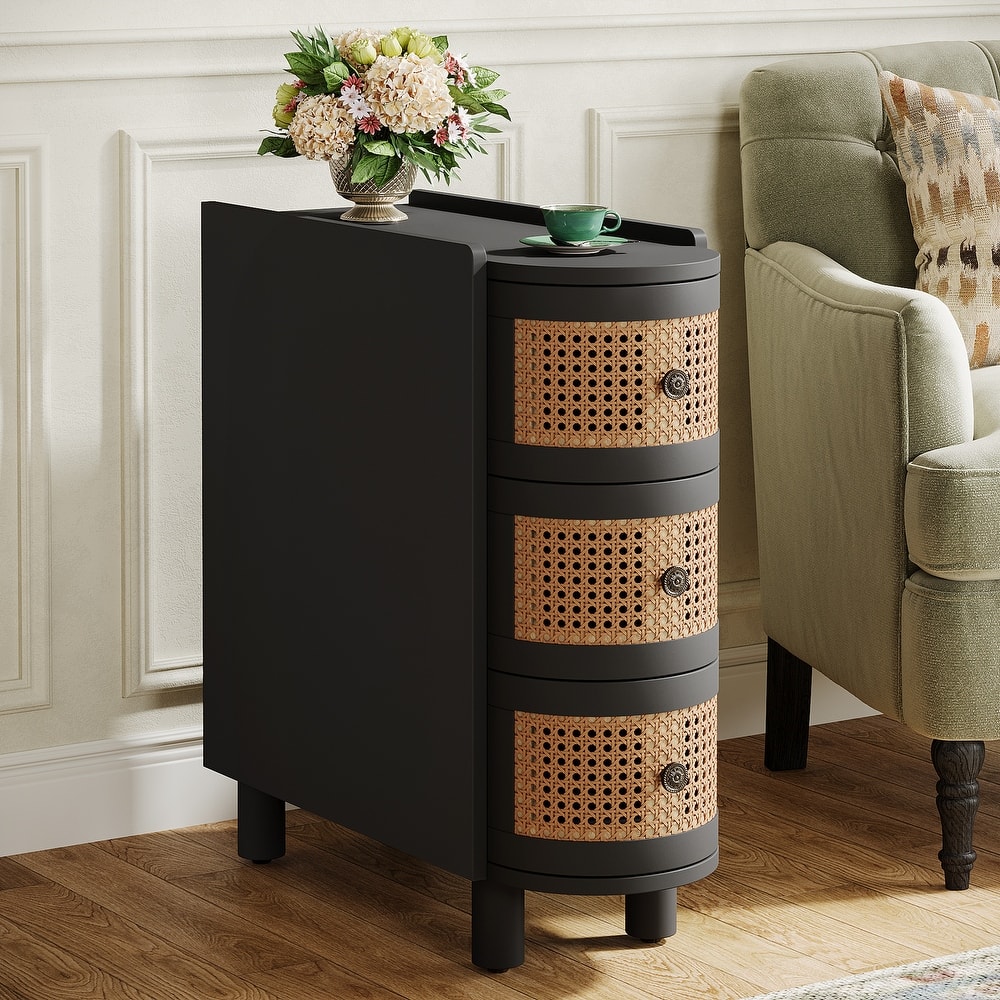 Solid Wood End Table, 3-Drawer Rattan Side Table, Night Stand with Exquisite Embossed Handles
