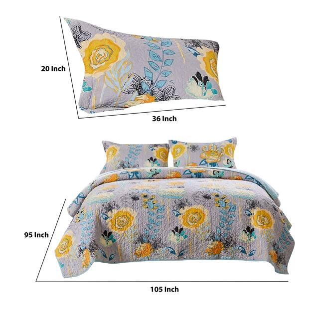 3 Piece King Size Fabric Quilt with Floral Pattern, Multicolor