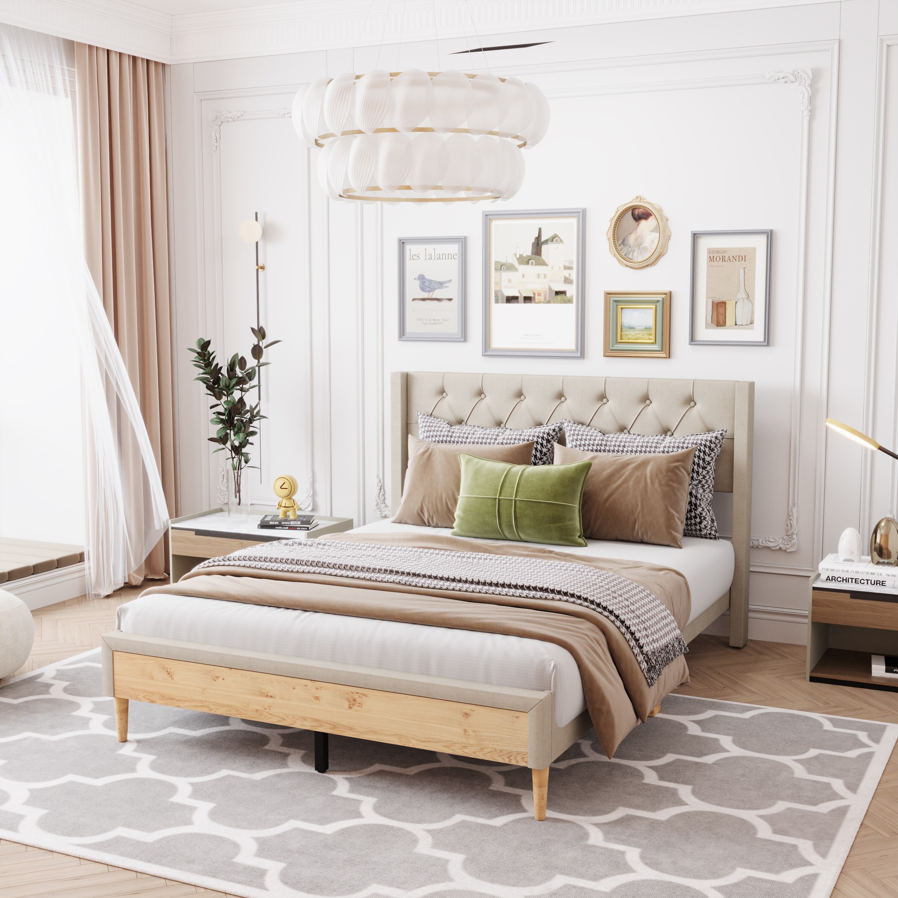 Upholstered Platform Bed with Rubber Wood Legs