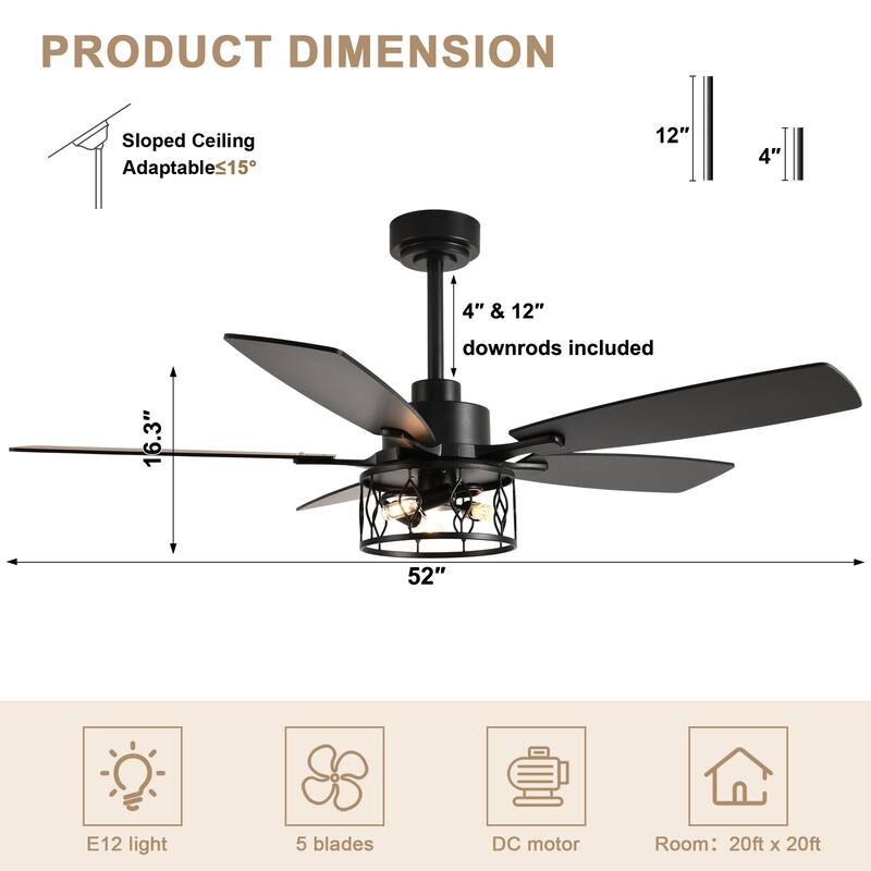 Bella Depot 52" Modern Gold Ceiling Fan with Light and Remote 6-Speed Large Caged Ceiling Fan