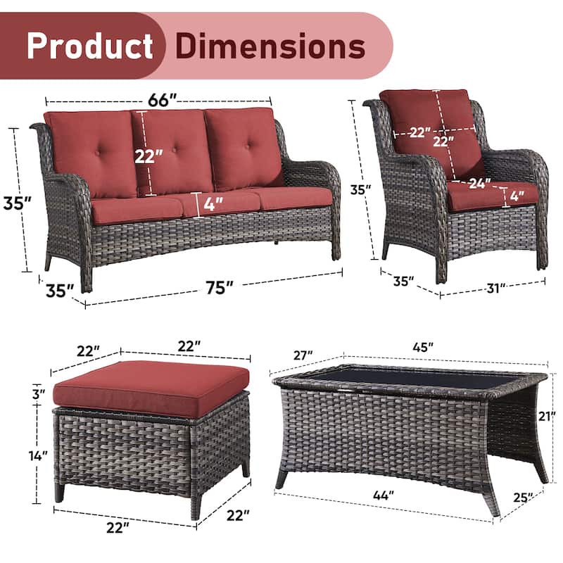 Pocassy 6 Pieces Outdoor 3-Seat Sofa Chairs Table Ottoman