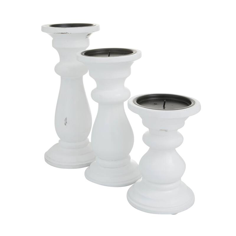 Mango Wood Turned Style Pillar Candle Holder (Set of 3) - Black, White or Gold - S/3 10", 8", 6"H