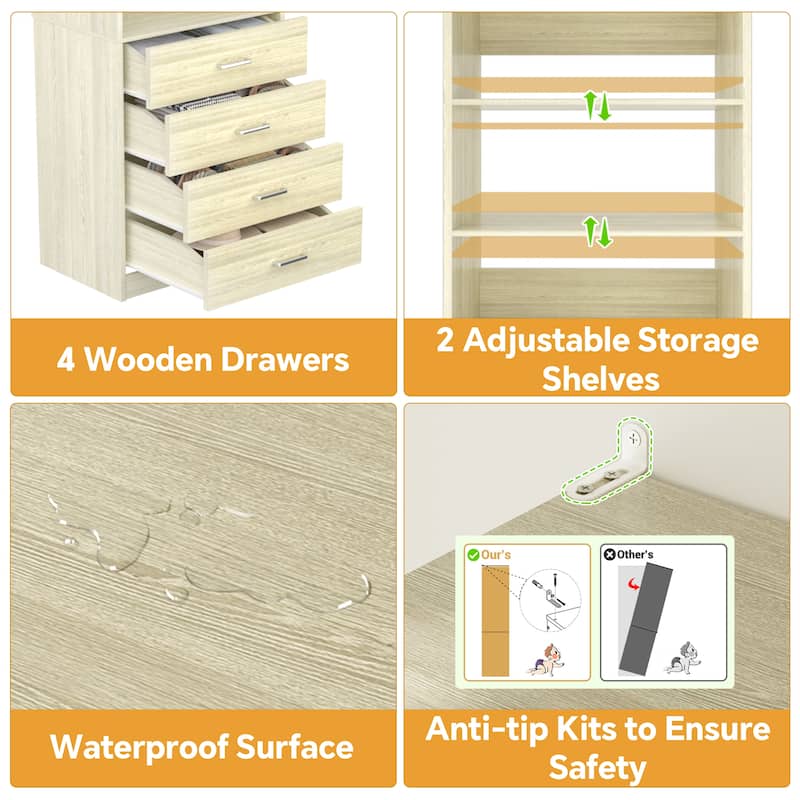 Freestanding Closet Organizer with 4 Drawers and 4 Shelves, Wooden Closet System for Walk-in Closet