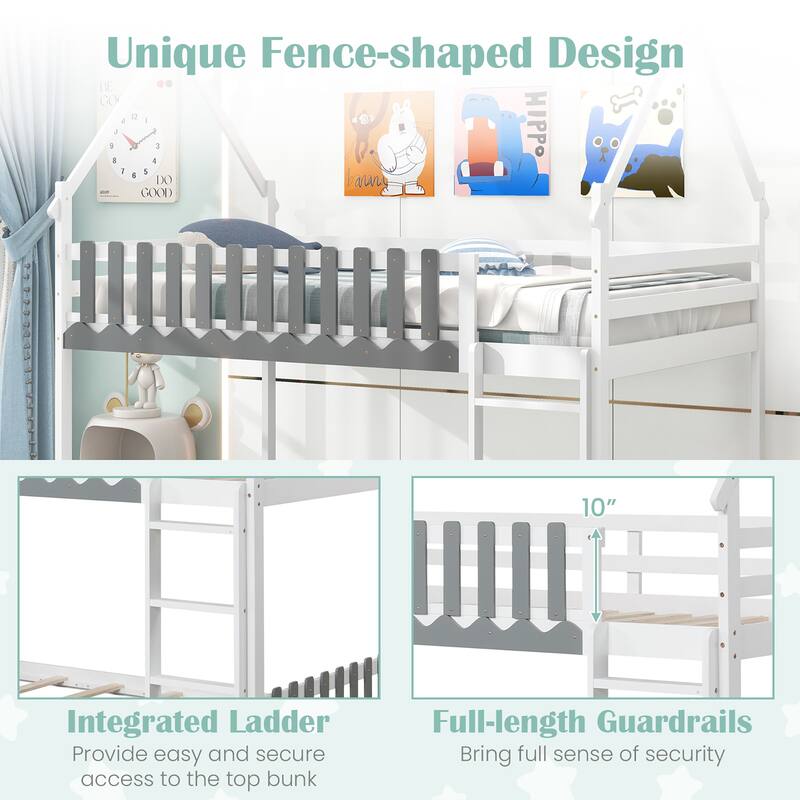 Gymax Twin Over Twin Bunk Bed w/ Fence & Ladder Solid Wood Floor Bunk