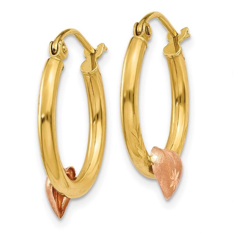 Curata 14k Yellow and Rose Gold 20x2mm Heart Sparkle Cut Hoop Earrings