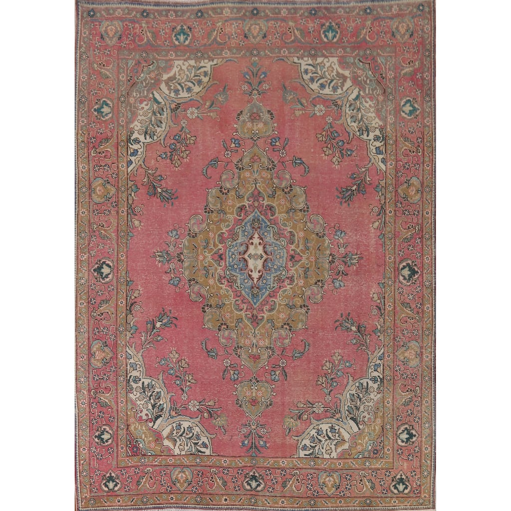 Pink Tabriz Vintage Persian Rug Hand-Knotted Wool Carpet - 8'3" x 10'10"