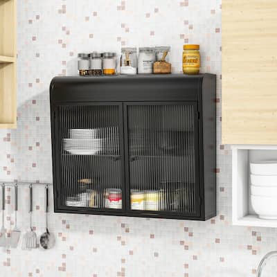 2-Door Wall-Mounted Metal Storage Cabinet with Tempered Glass Doors & Shelves for Bathroom,Kitchen,Living Room & Office