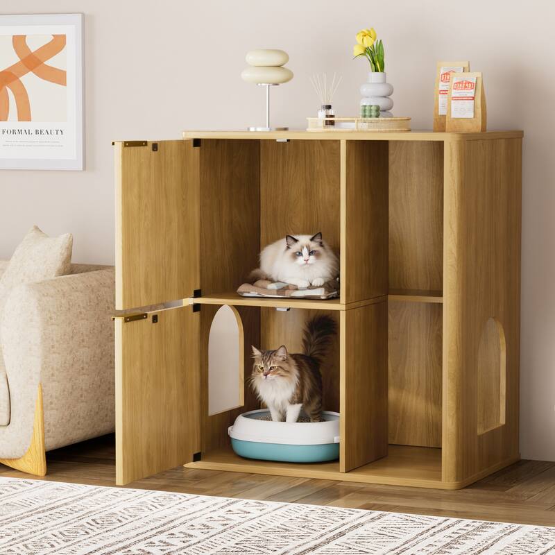 31.5" Walnut Cat Litter Cabinet with Cat Tree, Grooved Concealed Litter Furniture Featuring Dual Cat Doors and Storage Shelves