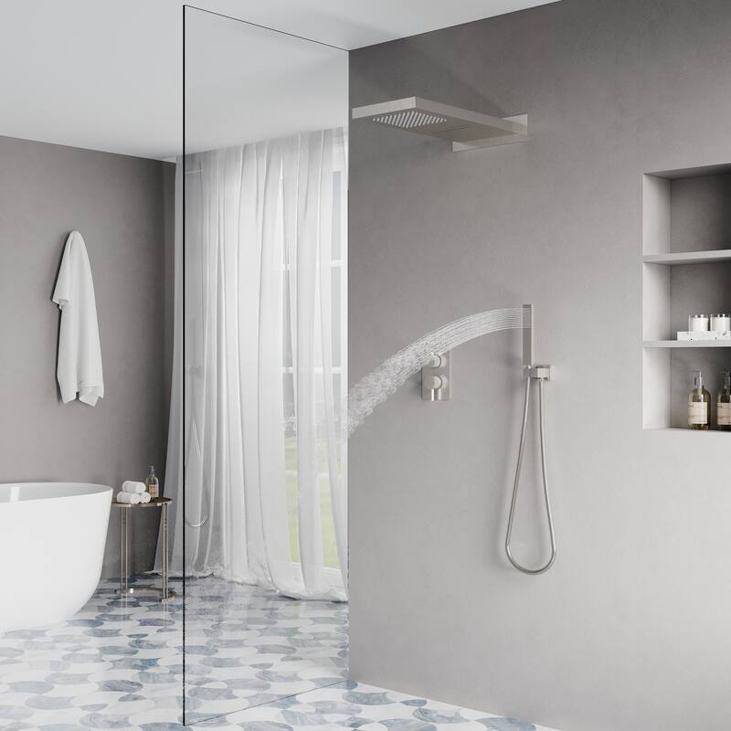3-Function 22 in. Rectangle Wall Mount Rainfall Shower System With Hand shower(Valve Included)
