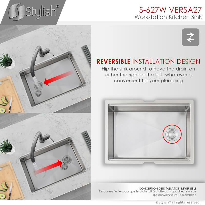 STYLISH 27 inches Workstation Single Bowl Undermount 16 Gauge Stainless Steel Kitchen Sink with Built in Accessories Handmade