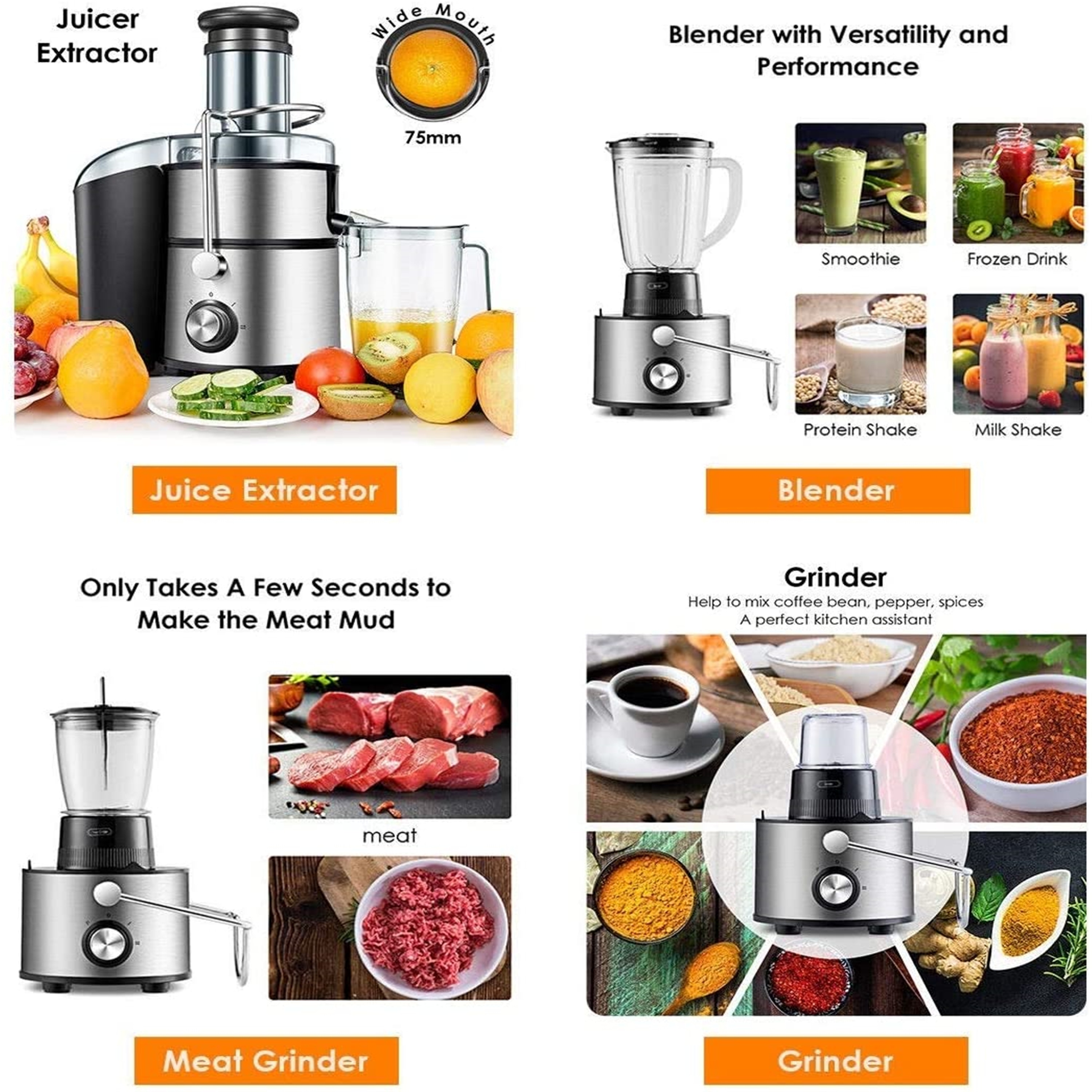 5in-1 Multifunctional Food Processor Chopper Mixer Electric Blender Juicer  600W