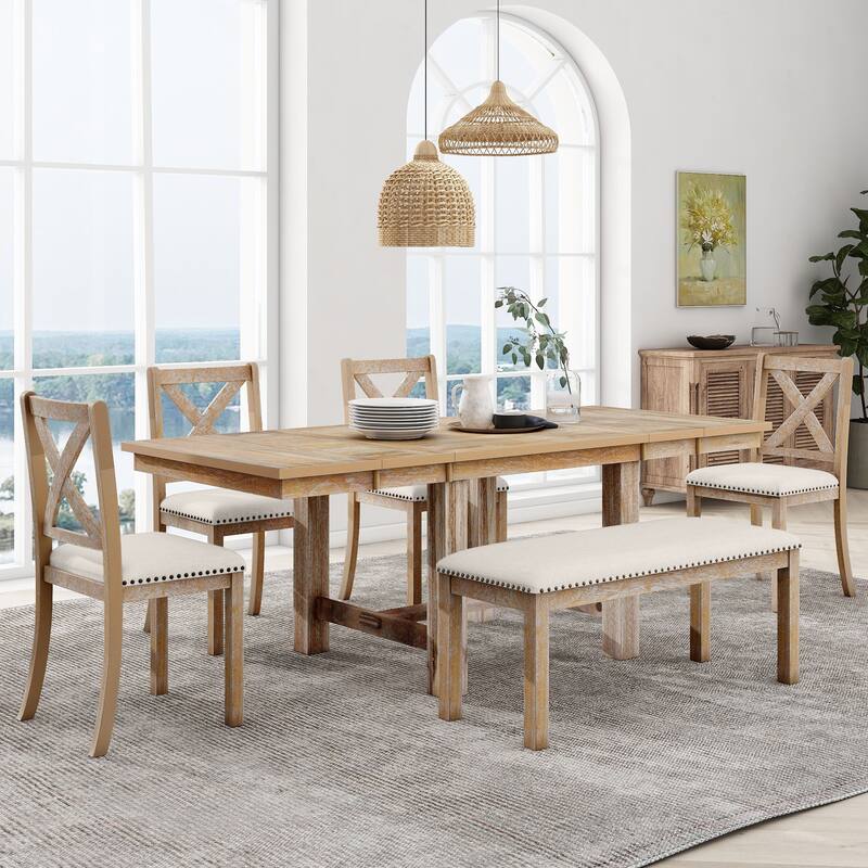 6-Piece Extendable Dining Table with Footrest, 4 Upholstered Dining Chairs and Bench, Kitchen Table and Chairs Set