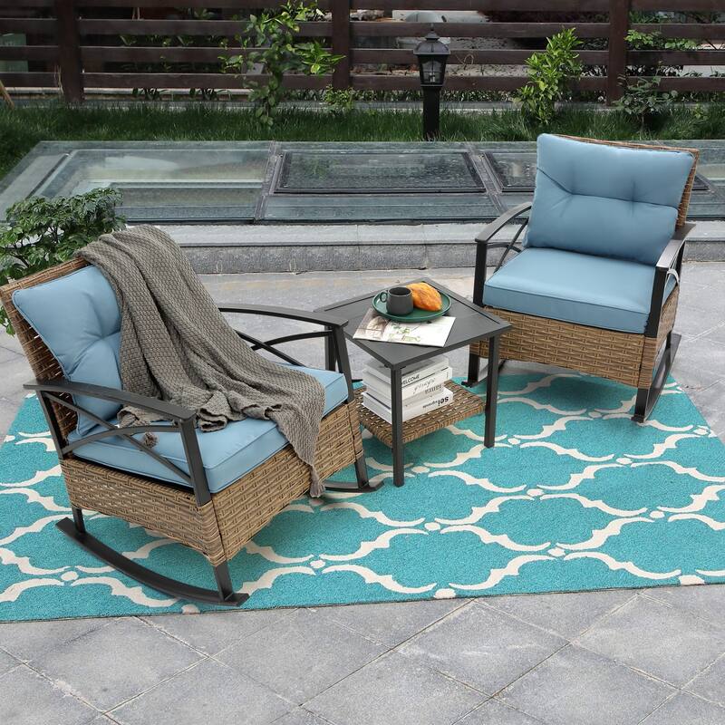 3 Piece Rocking Rattan Set, Leisure Chair Outdoor Rattan Rocking Chair Set, Grey - Blue