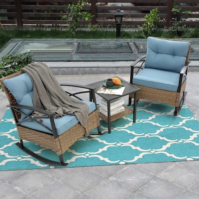3 Piece Rocking Rattan Set, Leisure Chair Outdoor Rattan Rocking Chair Set, Grey