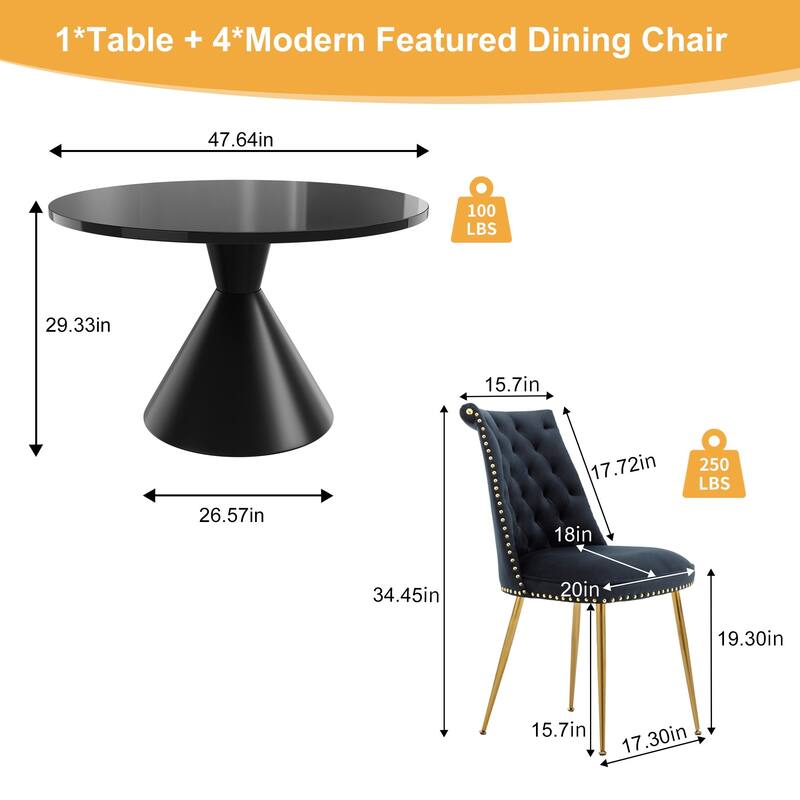 48" Light Luxury Black High Gloss Large Countertop Dining Table with Velvet Dining Chair Set