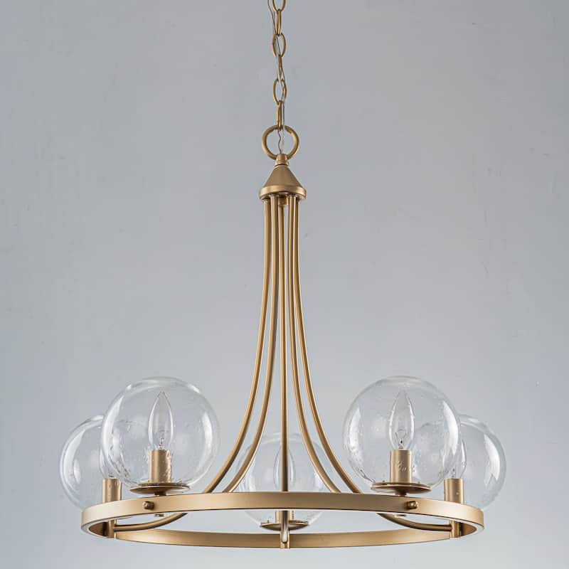 24.4" W 5-Light Mid-Century Modern Gold Wagon Wheel Ring Chandelier with Seeded Glass Globe Shades for Living & Dining Room