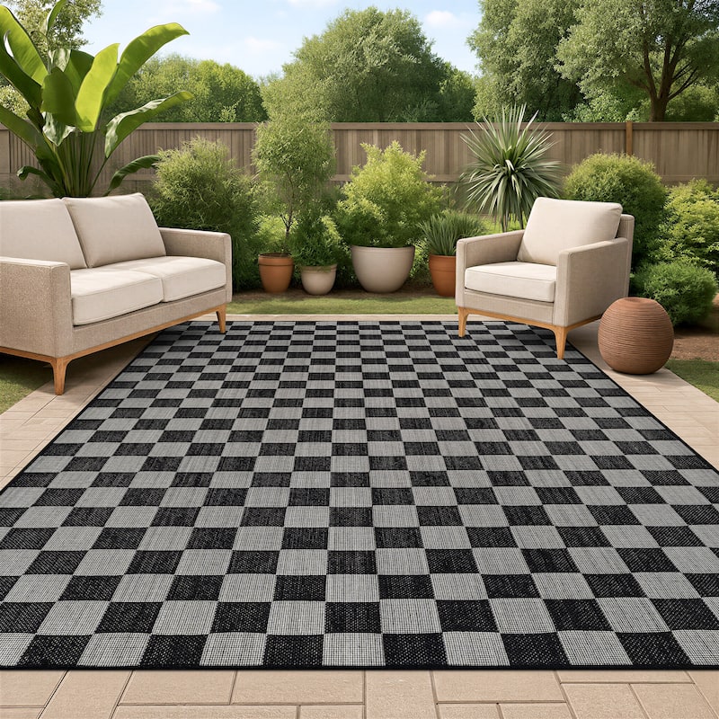 World Rug Gallery Checkered Indoor/Outdoor Flat Woven Area Rug