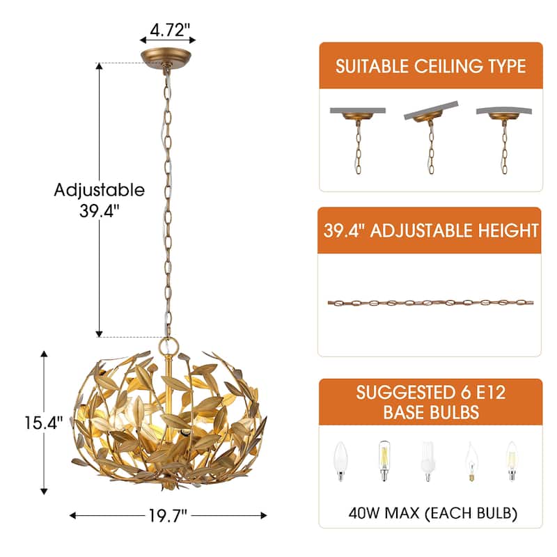 Antique Gold Olive Leaf Spherical Hollow Shade 6-Light Chandelier - 19.7"Wx15.4"H