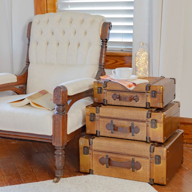 Set of 3 Natural Bamboo Finished Suitcase Decor - 20"x9"x15"H - Brown