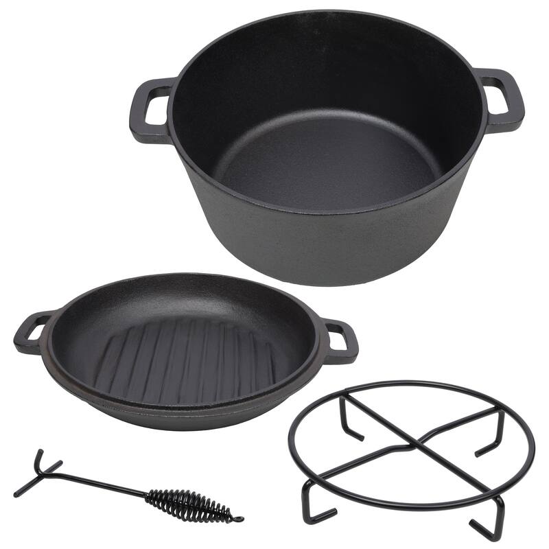 5QT Cast Iron Deep Pot and Skillet Lid with Iron Pot Rack and Lid Lifter, 3-In-1 Outdoor Camping Cast Iron Dutch Oven - Black