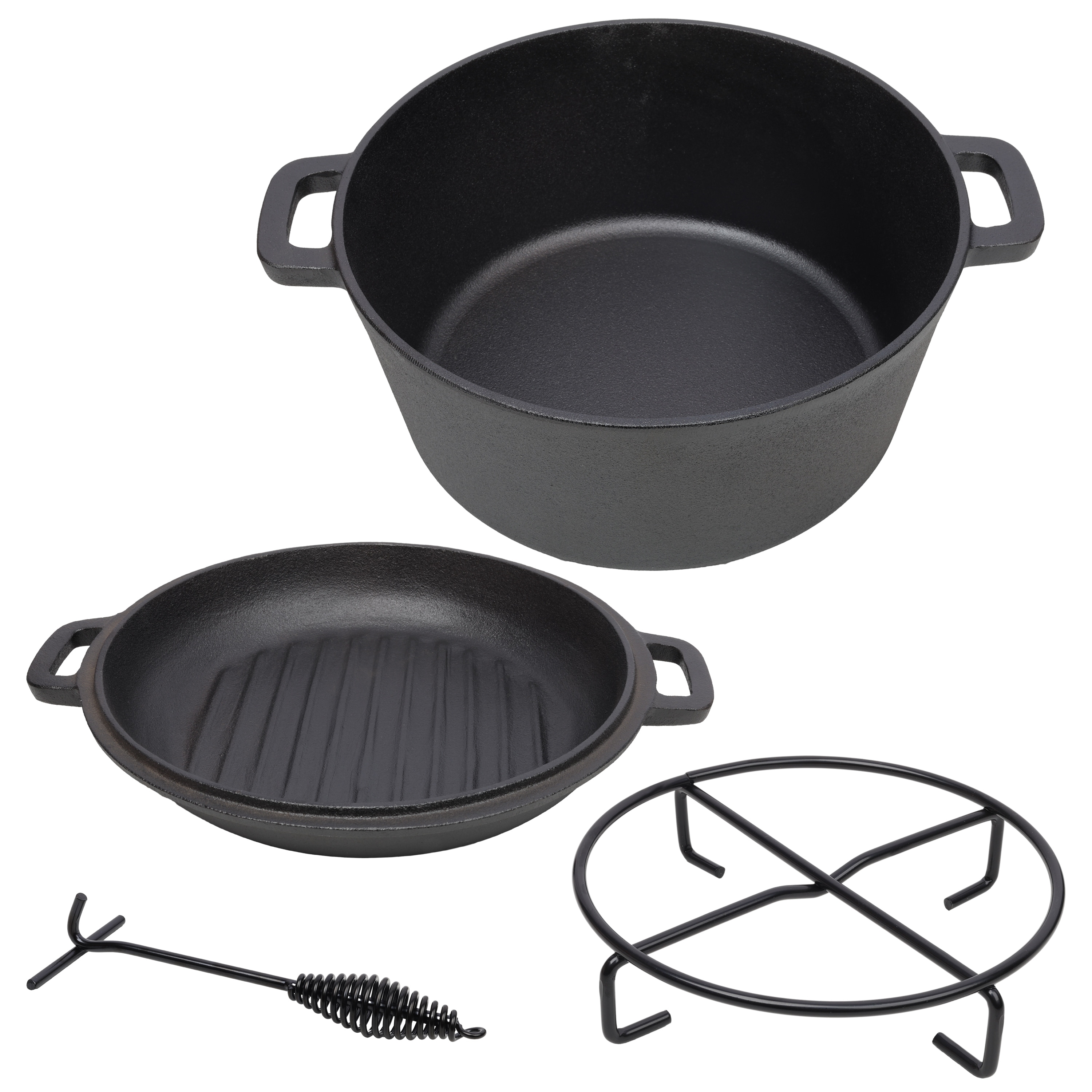 5QT Cast Iron Deep Pot and Skillet Lid with Iron Pot Rack and Lid Lifter, 3-In-1 Outdoor Camping Cast Iron Dutch Oven