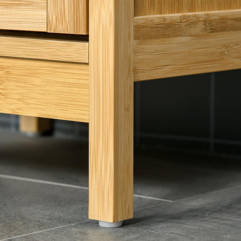 kleankin Bathroom Floor Cabinet with 3 Shelves and Cupboard, Slim and Freestanding Linen Tower with Storage, Natural