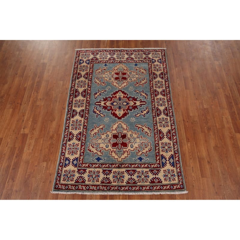 Light Blue Kazak Rug Hand-Knotted Traditional Wool Carpet - 3'11" x 6'0"
