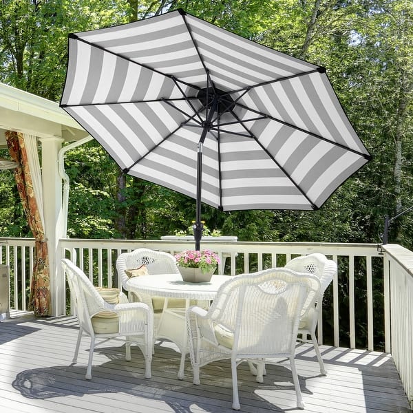 gray striped patio umbrella Sunnydaze Outdoor with Tilt, Catalina Beach Stripe, 9ft Constructed with unmatched quality and has classic cantilever style Safavieh Maui 9' Market Crank