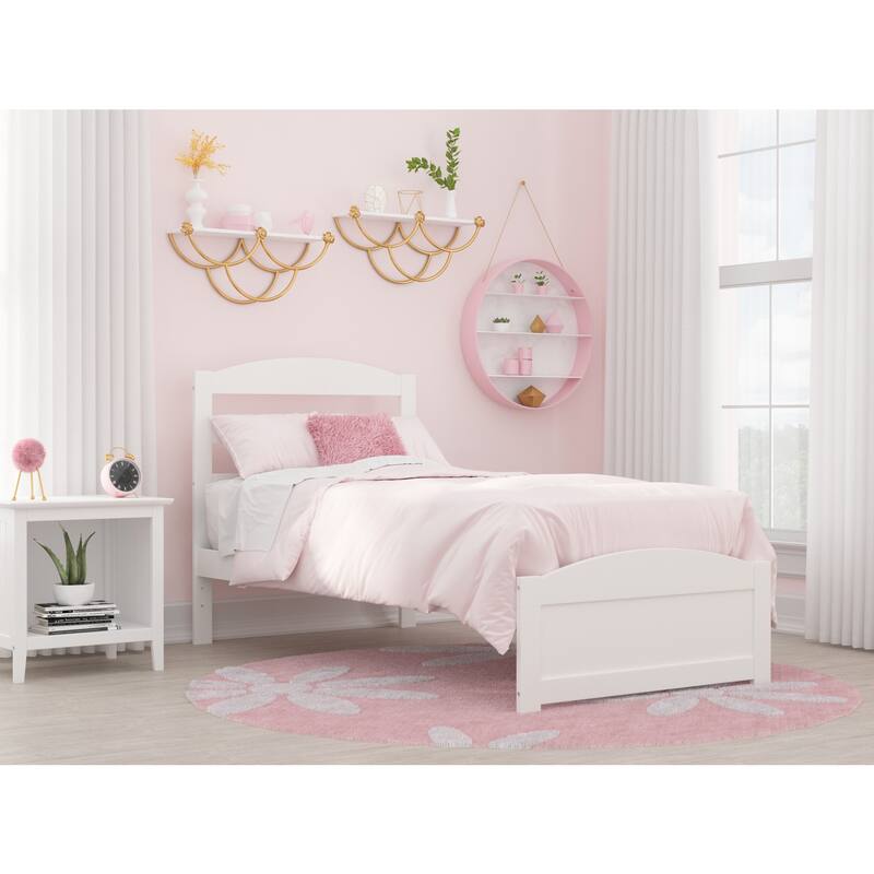Twin Bed with Footboard - White Finish Platform Bed, Solid Wood Frame, Modern Design, Slatted Headboard, 76" x 38"
