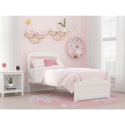 Twin Bed with Footboard - White Finish Platform Bed, Solid Wood Frame, Modern Design, Slatted Headboard, 76" x 38"