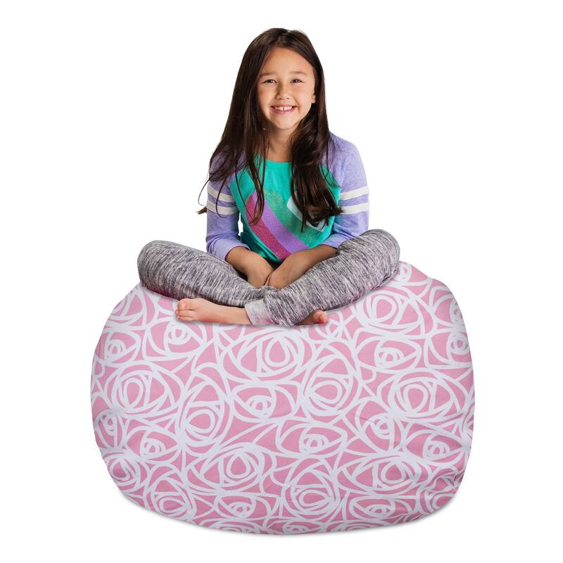 Kids Bean Bag Chair Cover Stuffed Animal Storage or Toy Organizer - 38 Inch Large - Canvas Roses Pink