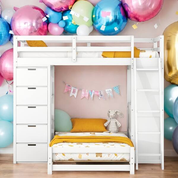 slide 2 of 20, Modern Twin over Twin Bunk Bed With LED Light And USB Ports,Solid Construction for Kids White