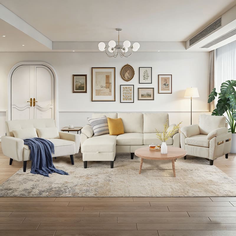 4-Piece Living Room Sectional Sofa Set with Loveseat and Chair - Beige