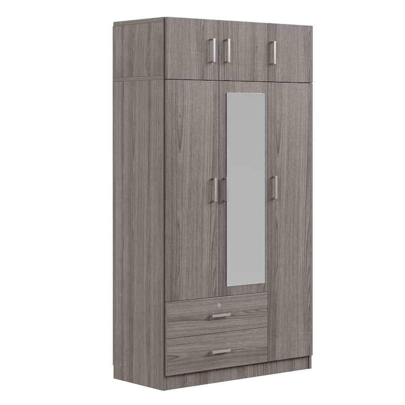 3-Door Mirror Wardrobe with 2 Drawers and Top Cabinet, Freestanding Wardrobe Cabinet for Bedroom
