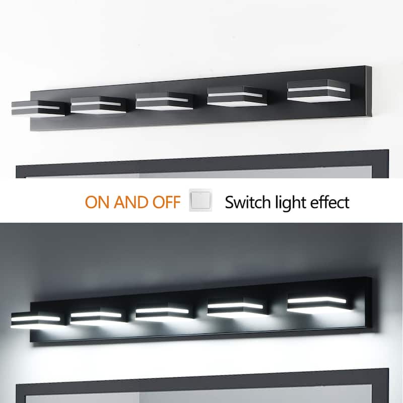 Modern Black LED Vanity Light, 5-Lights Wall Sconce for Bathroom and Mirror, Sleek Minimalist Design, Energy-Efficient