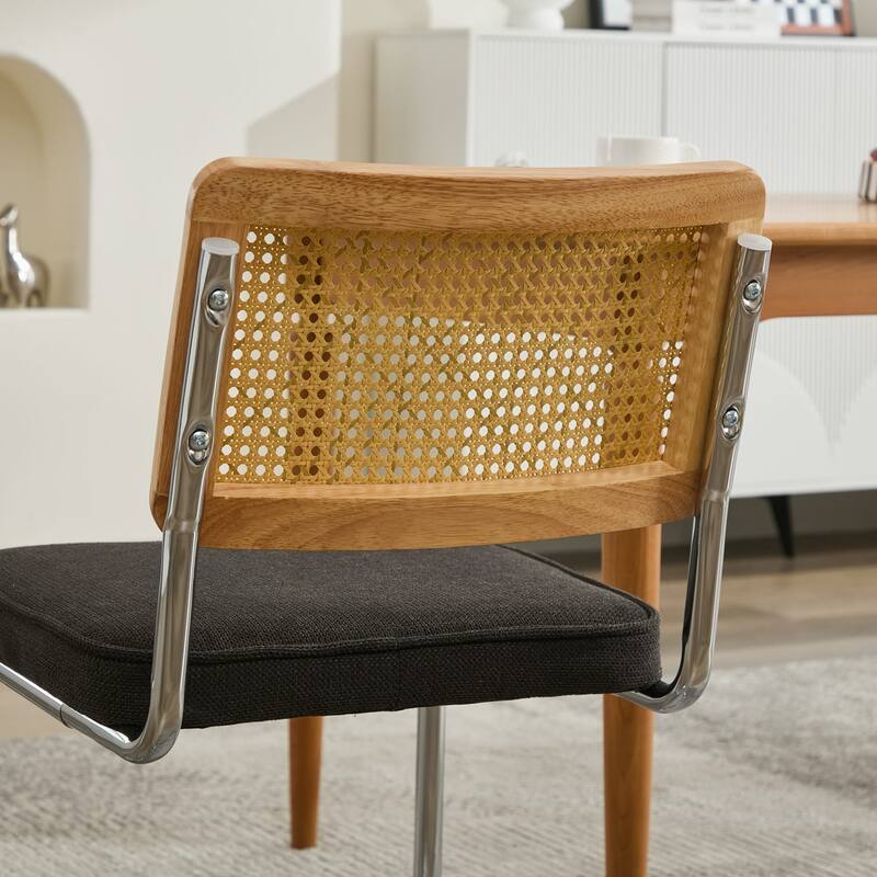 GDF Studio - Mid-Century Linen Dining Chairs with Natural Rattan Cane Back & Chrome Cantilever Base, Set of 2