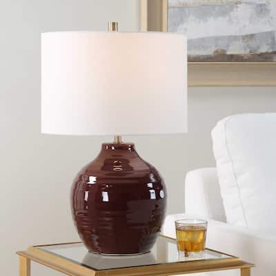 Porch & Den Ruby Red Ceramic Brass Linen Shade Vase Table Lamp