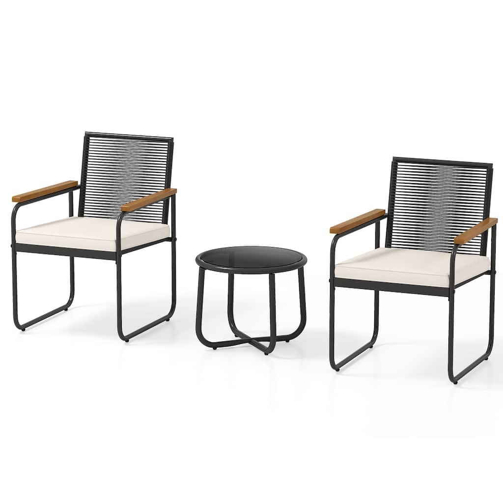 Black PE Rattan Metal 3-Piece Patio Bistro Set with Off-White Cushions and Glass Table - Table: 18" × 15"