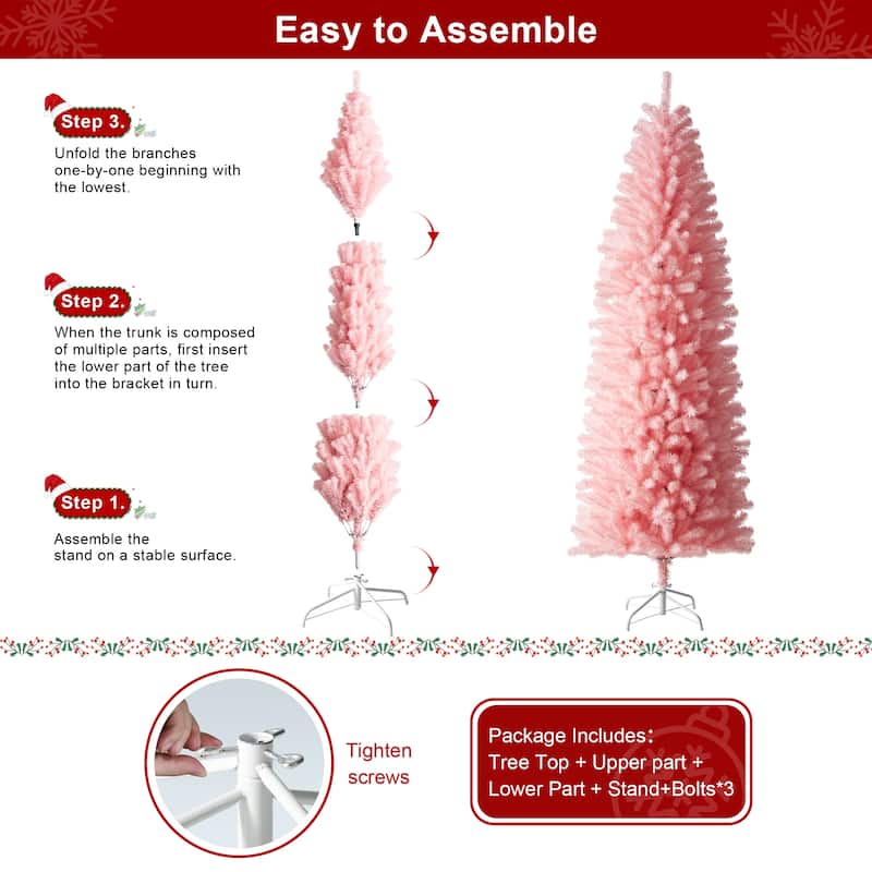 Glitzhome 7.5ft/9ft Shimmering Tinsel Pink Slim Pencil Fir Artificial Christmas Trees