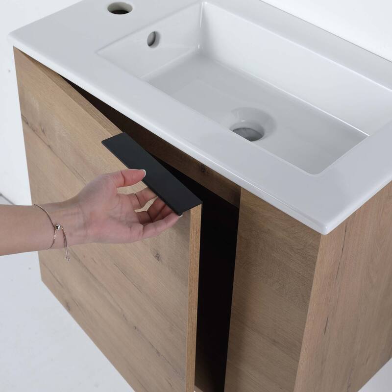 22 inch Plywood Wall-Mounted Bathroom Vanity in Grey Oak with Integrated Ceramic Sink in White with Soft Closing Door