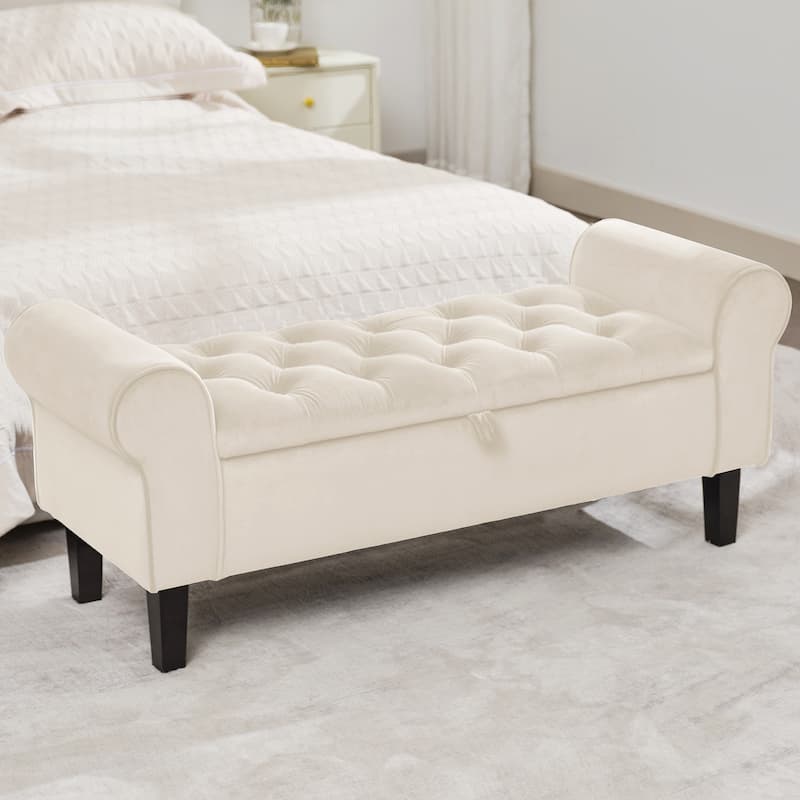 Velvet Storage Bench With Rubber Wood Legs for Bedroom
