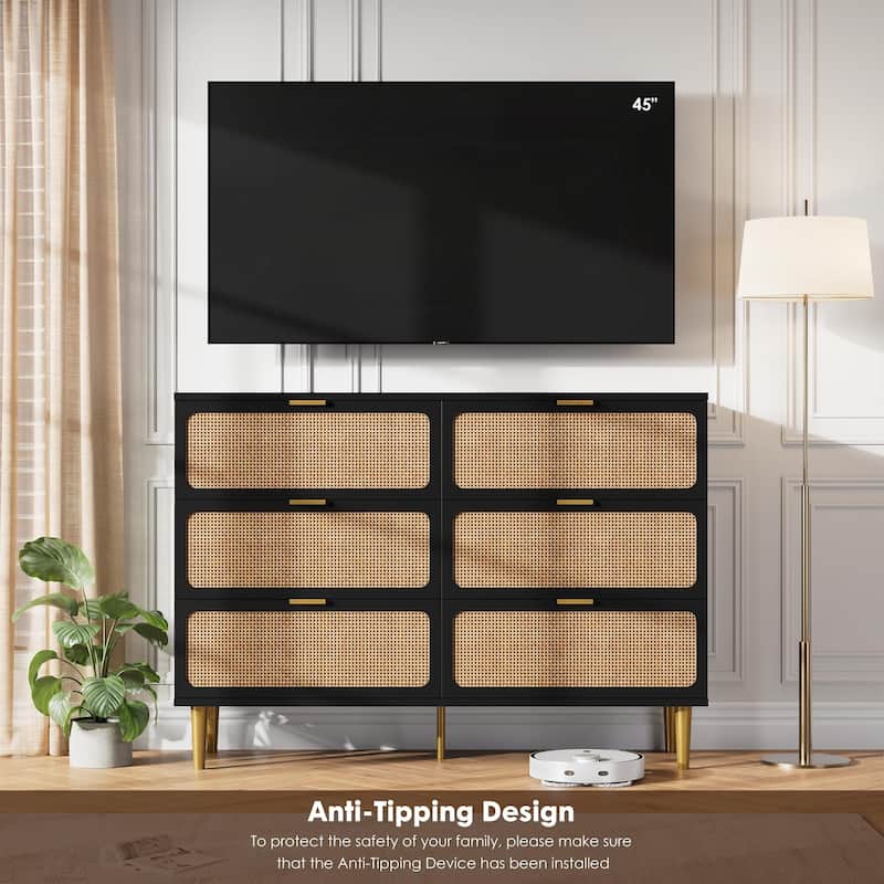 Rattan 6 Drawer Dresser for Bedroom, Large Double Dresser with Deep Drawers, Wooden Chest of Drawers for Closet with Wide Top