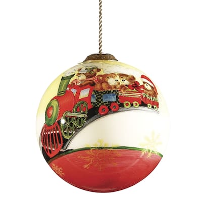 Teddy on Toy Train Hand Painted Mouth Blown Glass Ornament - 4" x 4" x 4"