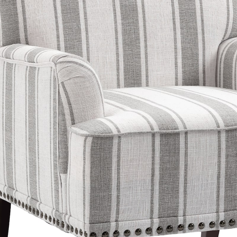 Stripe Linen Accent Arm Chair with Nailhead Trim and Wood Legs