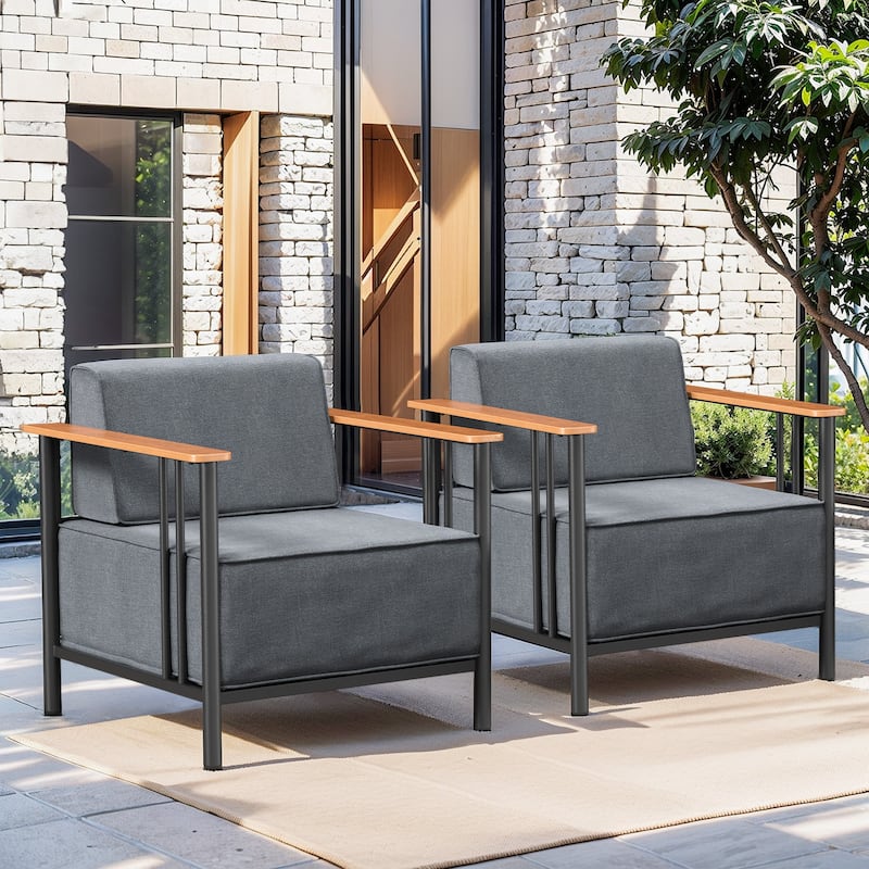 Pocassy Outdoor 2PCS Patio Chair with 10 Inch Dark Black Cushion - Black & Dark Grey Cushion
