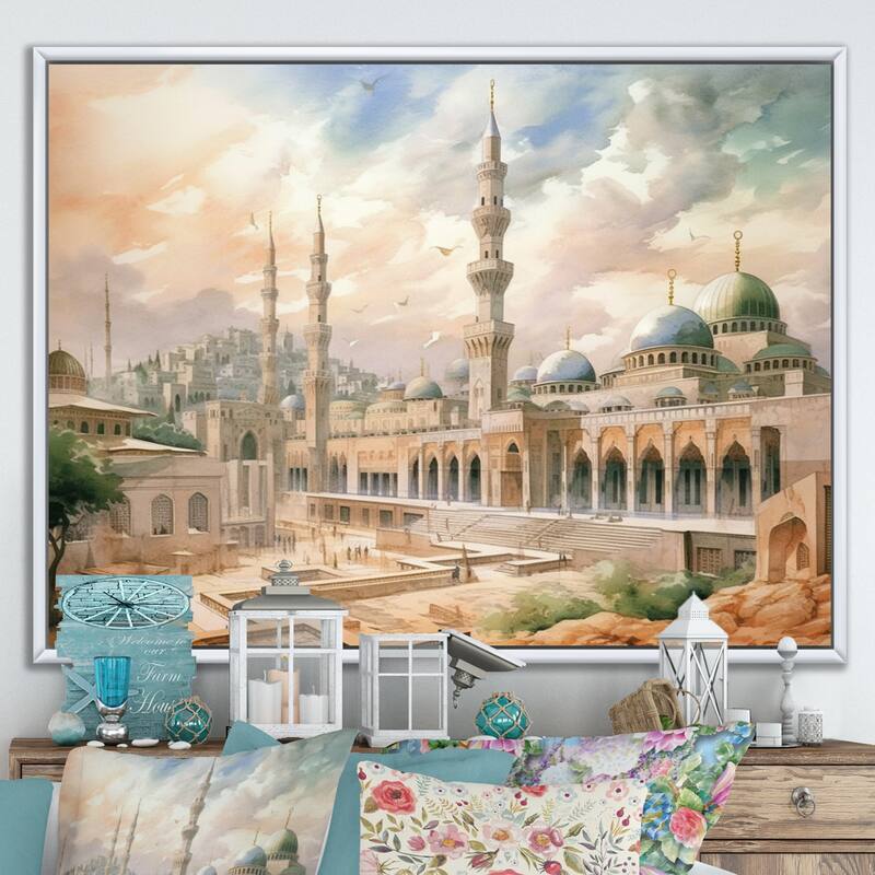 Designart "The Prophets Mosque Religious II" Christianism Framed Canvas Wall Art - White - 44 in. wide x 34 in. high