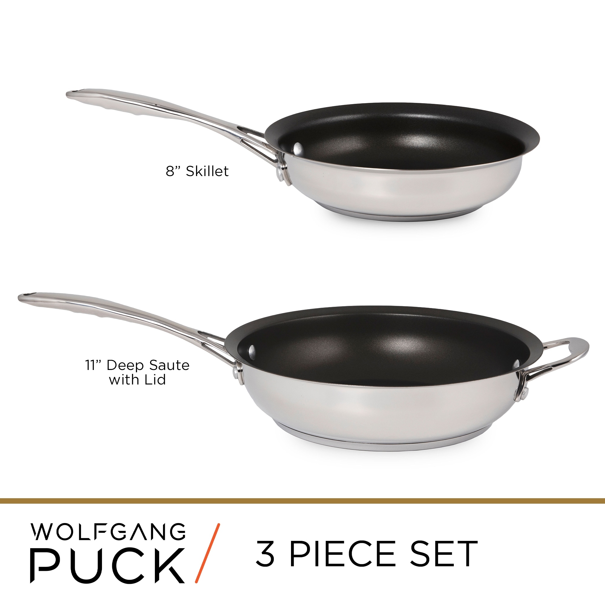 Wolfgang Puck 3-Piece Stainless Steel Skillet Set, Scratch-Resistant  Non-Stick Coating, Includes a Large and Small Skillet