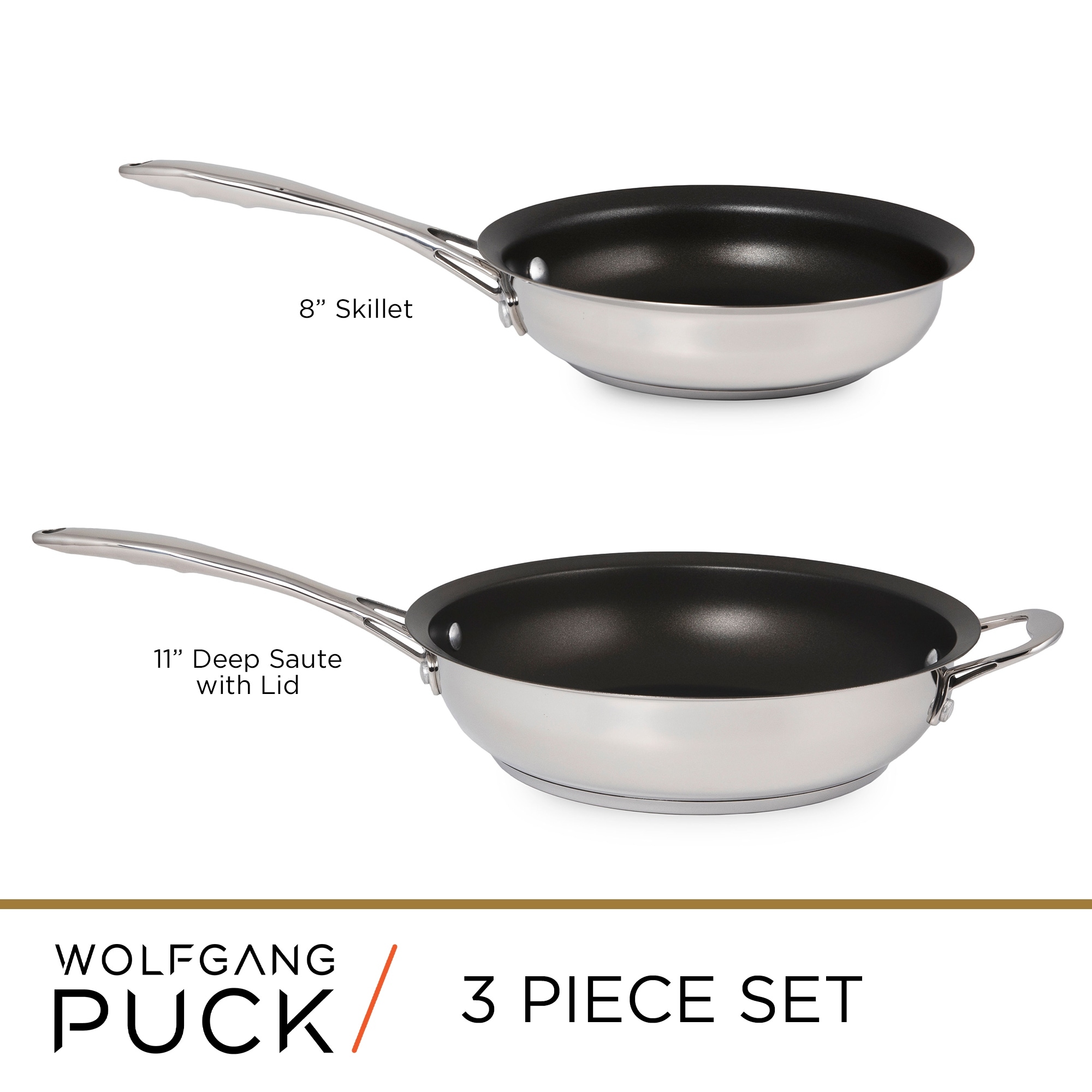 Wolfgang Puck 3-Piece Stainless Steel Skillet Set, Scratch-Resistant  Non-Stick Coating, Includes a Large and Small Skillet - Bed Bath & Beyond -  32912357