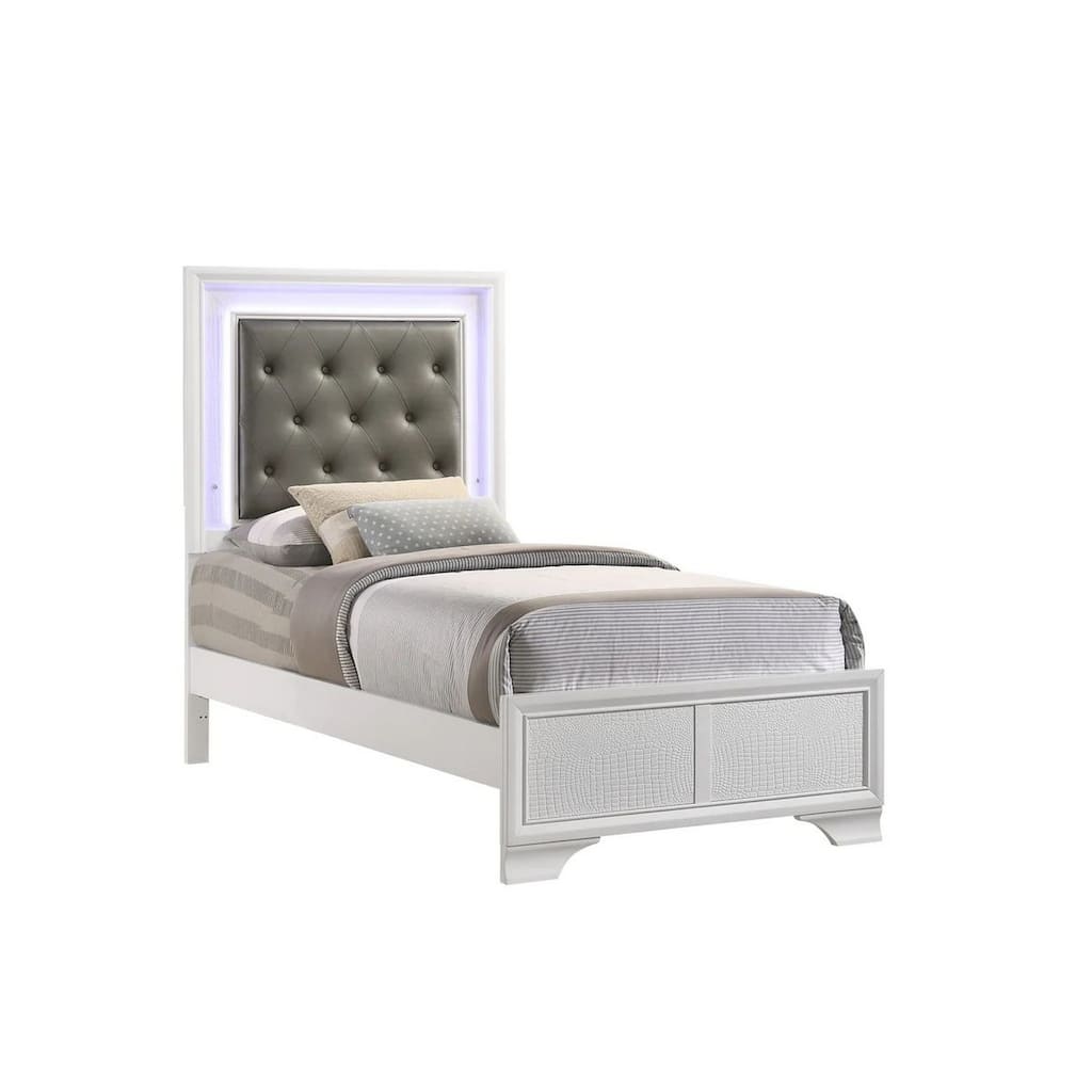 Lise Twin Size Bed, Gray Fabric Upholstery, LED Lit, Modern White Wood