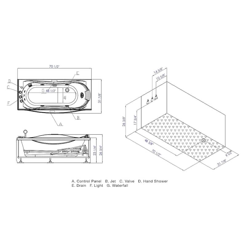 Eago AM189ETL-L 6 ft Left Drain Acrylic White Whirlpool Bathtub with Fixtures
